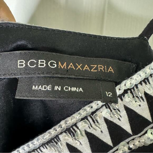 BCBGMaxazria Party Dress Sleeveless Sequins Tulle Printed Silk Black White 12 - Picture 14 of 16